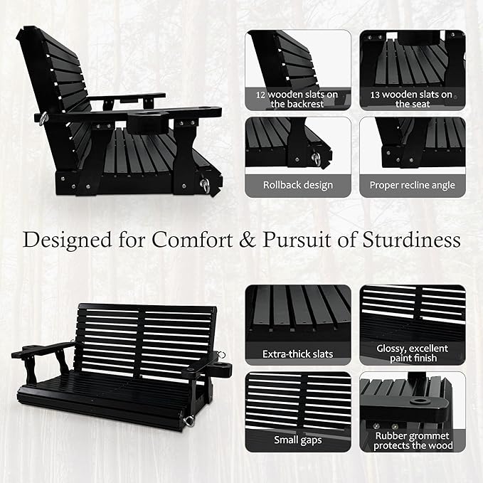 Wooden Porch Swing 2-Seater, High Backrest and Deep Seat, Bench Swing - Image 5