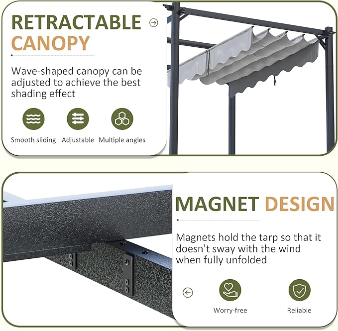 10'x12' Outdoor Pergola with Retractable Canopy, Patio Metal Heavy-Duty Gazebo - Image 3