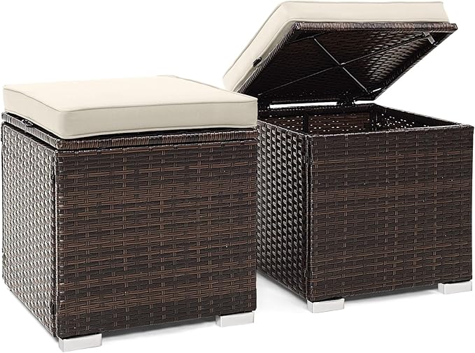 Tangkula 2 Pieces Patio Ottomans, Patiojoy Hand-Woven PE Rattan Side Table by TANGKULA