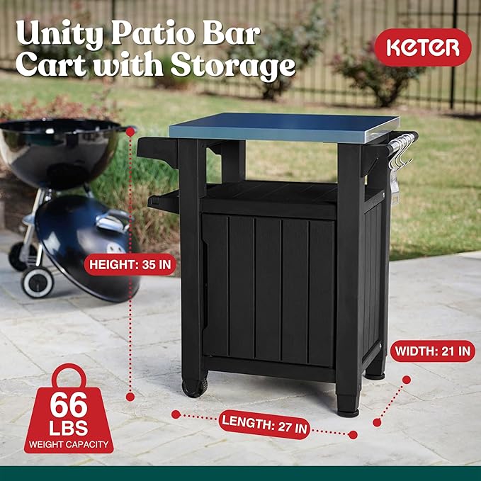 Keter Unity Small 40 Gallon Grill Prep Table and Storage Cart, Portable Serving - Image 2