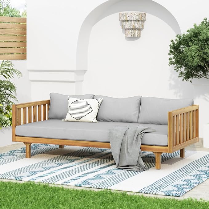 Merax Solid Acacia Wood Couch Chaise Lounge Chair Indoor, 3 Seater Daybed Sofa - Image 8