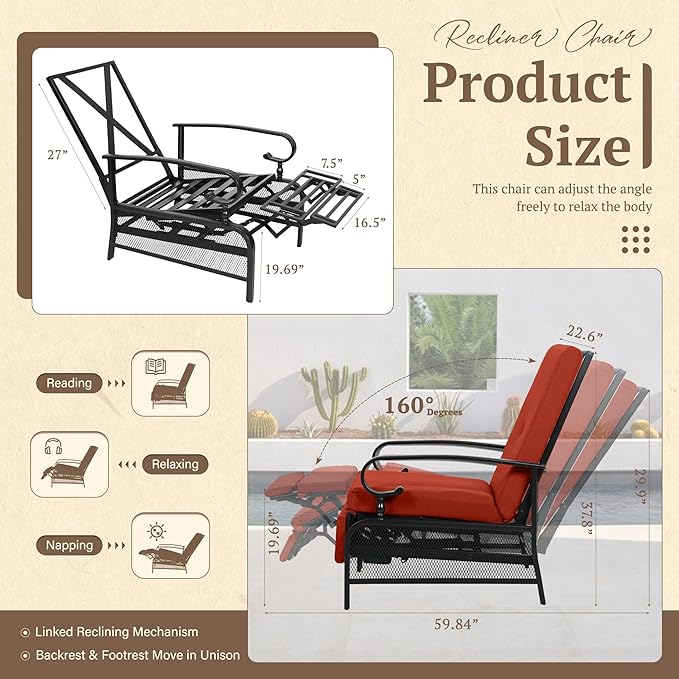 Oakcloud Adjustable Outdoor Lounge Chair Metal Patio Relaxing Recliner Chair - Image 3