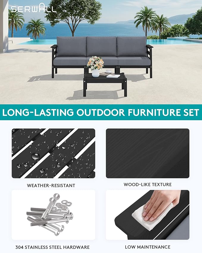 SERWALL HDPE Patio Furniture Set, 4 Pieces Outdoor Sectional Sofa Set, - Image 3