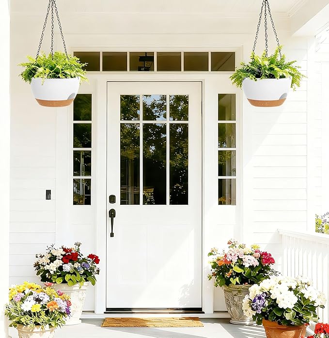 8 Inch Hanging Planters for Indoor Outdoor Plants, 4 Pack White Brown Plastic - Image 7