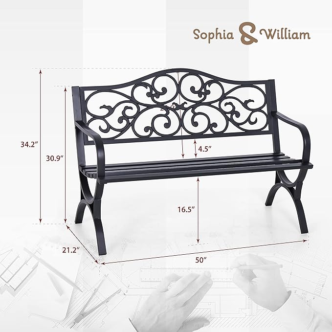 Sophia & William 50" Outdoor Garden Bench Patio Park Bench, Cast Iron Metal - Image 3