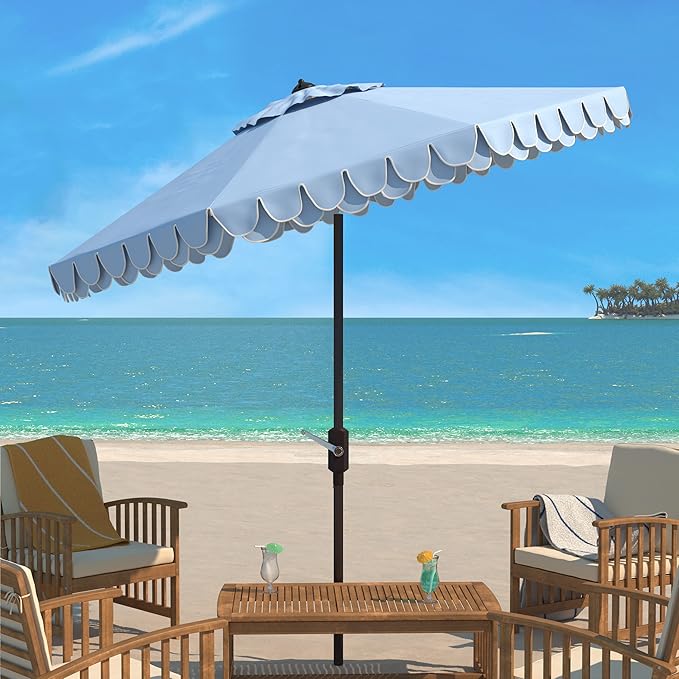 SAFAVIEH 9ft Outdoor Patio Umbrella, Baby Blue & White Trim, Auto Crank Tilt - Image 2