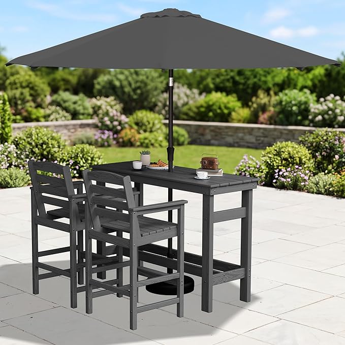 SERWALL Outdoor Bar Set with 9ft Umbrella, All-Weather HDPE Patio Bar Chairs - Image 2