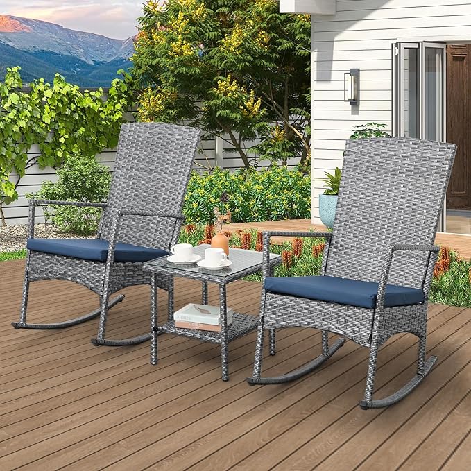 Rocking Chair Outdoor 3 Pieces High-Backed Patio Rocking Chairs Bistro Table by Unknown