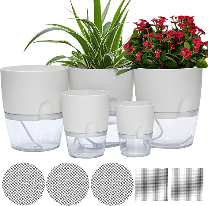 Self Watering Pots for Indoor Plants, 5 Pack 6/4.1/3.2 Inch Flower Pot Modern by ETGLCOZY