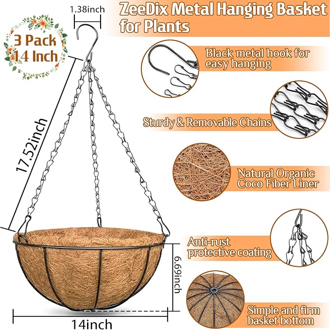 ZeeDix 3 Pack 14 Inch Hanging Baskets - Image 2