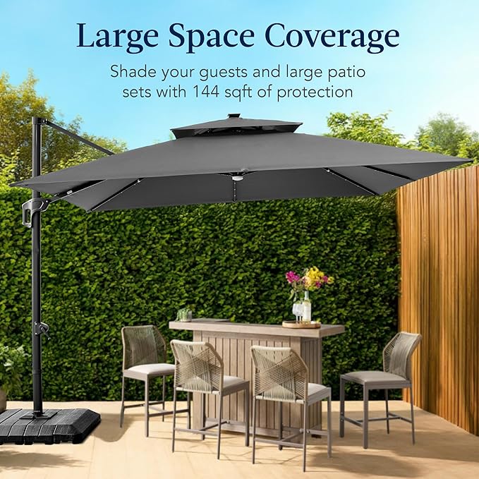 Best Choice Products 12x12ft LED Cantilever Patio Umbrella w/Base Included & - Image 4