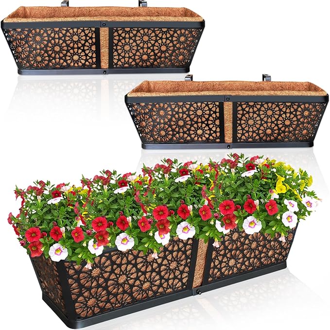 ZeeDix 3 Pack Metal Window Box for Railings, 24 Inch Over Railing Planter Boxes by ZeeDix
