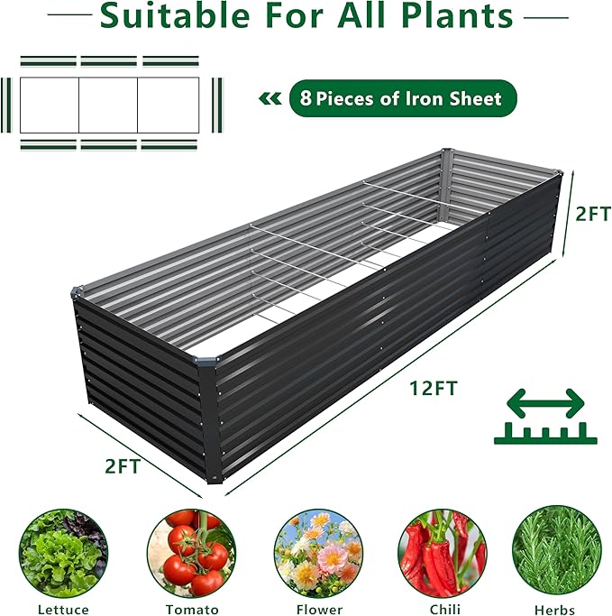 12x2x2FT Galvanized Raised Garden Bed Kit, Vegetable Plant Boxes-Rectangle - Image 2