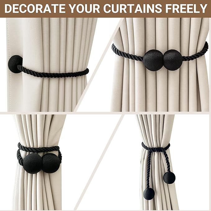 Hion Magnetic Curtain Tiebacks Black 6 Pack, Curtain Tiebacks Buckles Holdbacks - Image 7