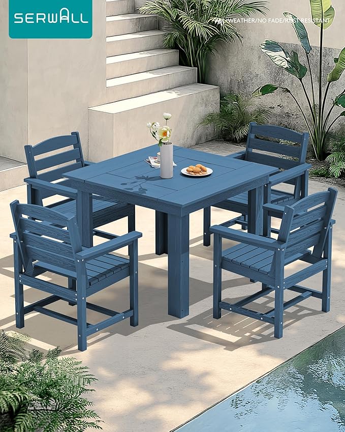 SERWALL Outdoor Dining Set for 4, HDPE Square Table and Chairs Set All Weather - Image 5