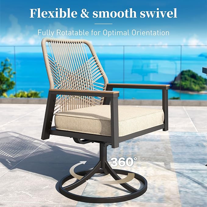 Patio Dining Set 7 Piece, 4 Woven Rattan Fixed Chairs and 2 Swivel Chairs - Image 4