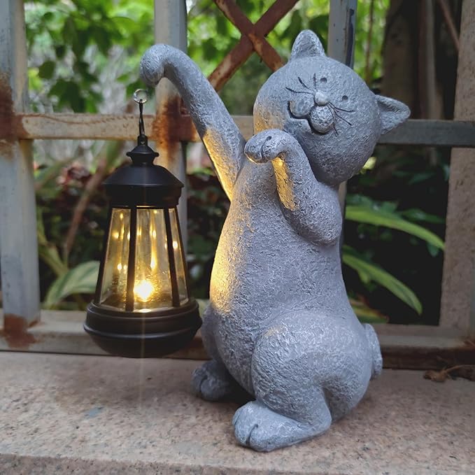 Cat Solar Garden Statues, Resin Cat Figurine Decorations - Image 4