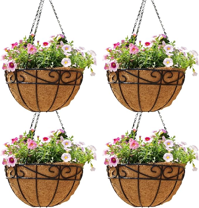 10 inch Metal Hanging Baskets For Plants Outdoor 4 Pack Round Metal Wire by JFFLYIT