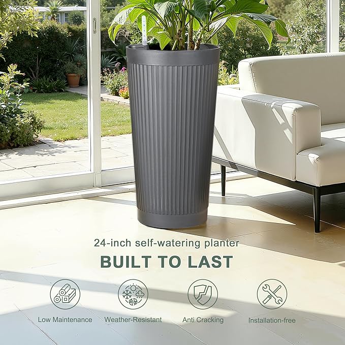 24" Large Planter Set of 2, Self Watering Tall Plastic Planters - Image 4
