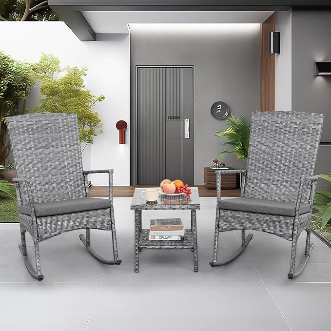 Outdoor Rocking Chair 3 Pieces High-Backed Rocking Chair Patio Rocking Chairs - Image 3