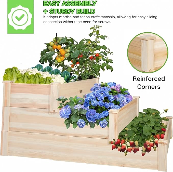 3-Tier Raised Garden Bed with Fabric Liner, Wood Elevated Planter Box with - Image 7