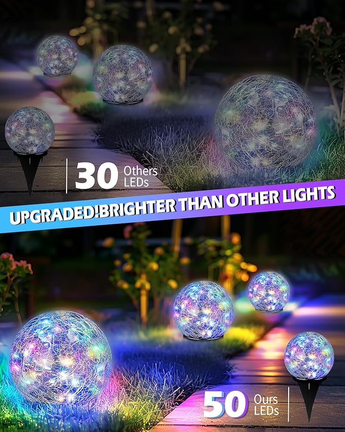 Coroor Garden Solar Ball Lights Outdoor Waterproof, 50 LED Cracked Glass Globe - Image 2