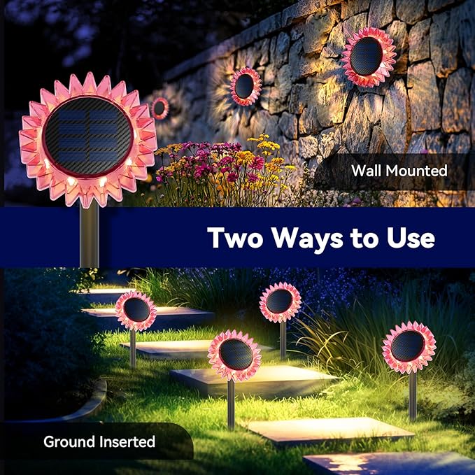 Outdoor Solar Lights, 4 Pack Led Solar Sunflower Lights, Stake/Wall 2-in-1 - Image 2