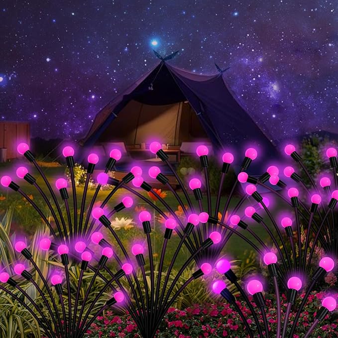 Kohlrabi Solar Garden Lights Outdoor, 10 Pack 80 LED Pink Firefly Lights - Image 7
