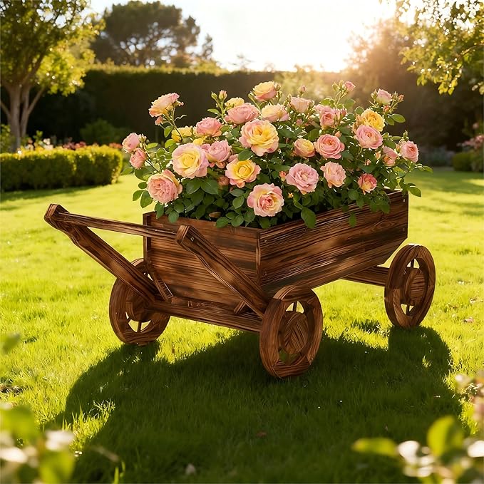 Wooden Flower Cart with Wheels Wooden Wagon Planter Outdoor Garden Planter - Image 2