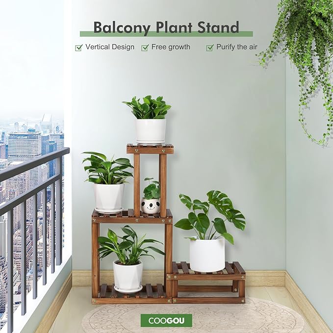 Wood Plant Stand Indoor Outdoor 4 Tiers Plant Rack Corner Planter Shelf Flower - Image 5
