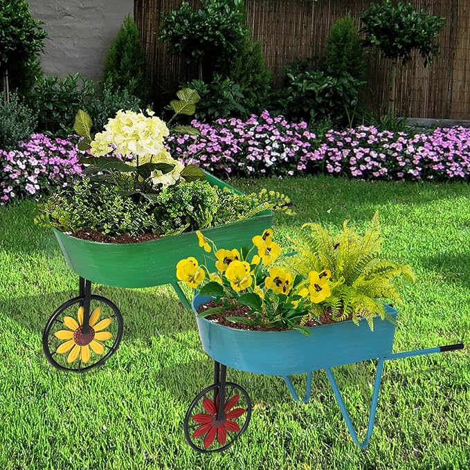 BAYN Metal Wheelbarrow Flower Cart Planter, 2 Packs Plant Stands - Image 6