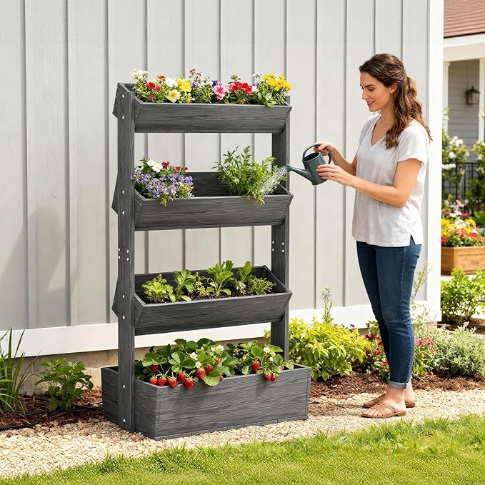 SUNYRISY 4 Tiers Vertical Raised Garden Bed Outdoor Planter Tower, Wooden - Image 2