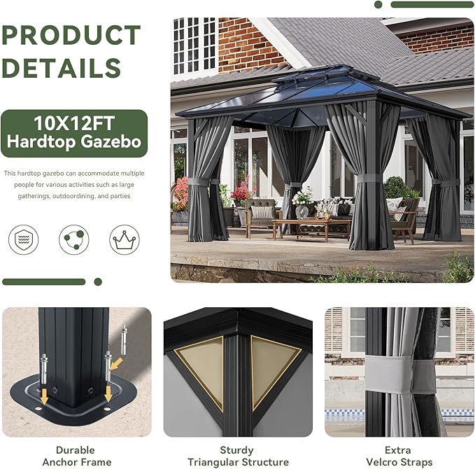 Aoxun 10'x12' Hardtop Gazebo, Aluminum Frame Permanent Pavilion - Image 6