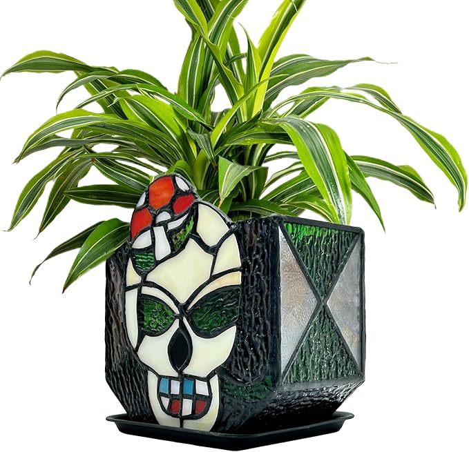 Tiffany Stained Glass Skull Planter, Planters by Entlityful