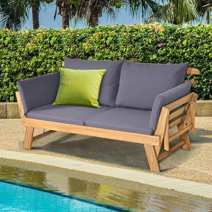 Tangkula Convertible Acacia Wood Patio Couch Sofa Bed - Image 4