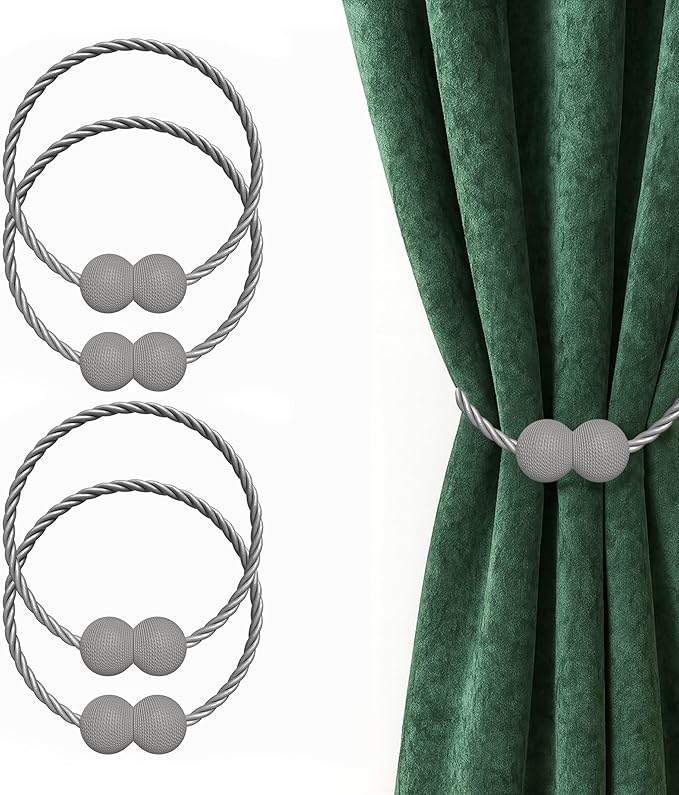 Hion Magnetic Curtain Tiebacks Grey 4 Pack, Curtain Tiebacks Buckles Holdbacks by Hion