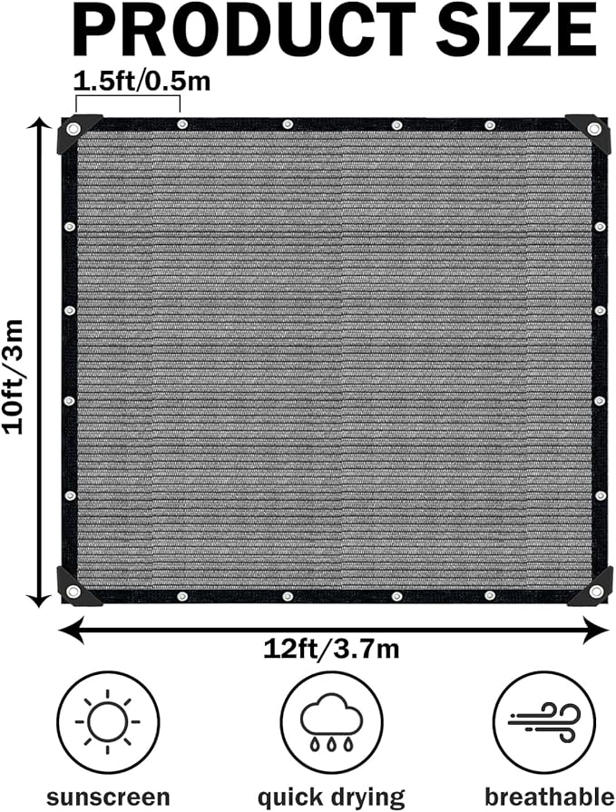 10x12 FT Sun Shade Cloth with Grommets, Pergola Shade Cover Canopy, 90% - Image 6