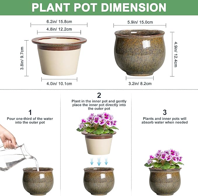 Self Watering Planters for Indoor Plants, 6 Inch Ceramic African Violet Pots - Image 2