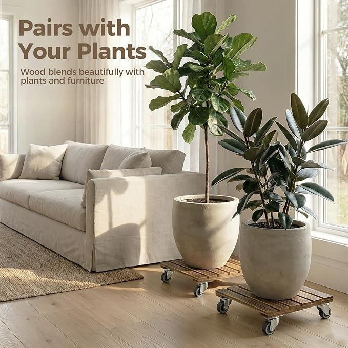 Bamworld Wood Plant Caddy with Wheels, 300lb Capacity, Heavy Duty Planter Stand - Image 2