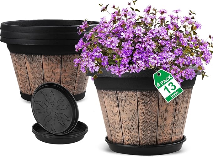Quarut Large Plastic Plant Pots Set of 4 Pack13 inch, Whiskey Barrel Planters by Quarut