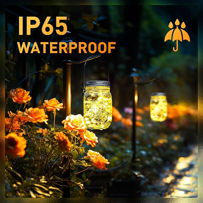 GIGALUMI Hanging Mason Jar Solar Lights, 6 Pack 30 Led Tinplate Lids Hanging - Image 6
