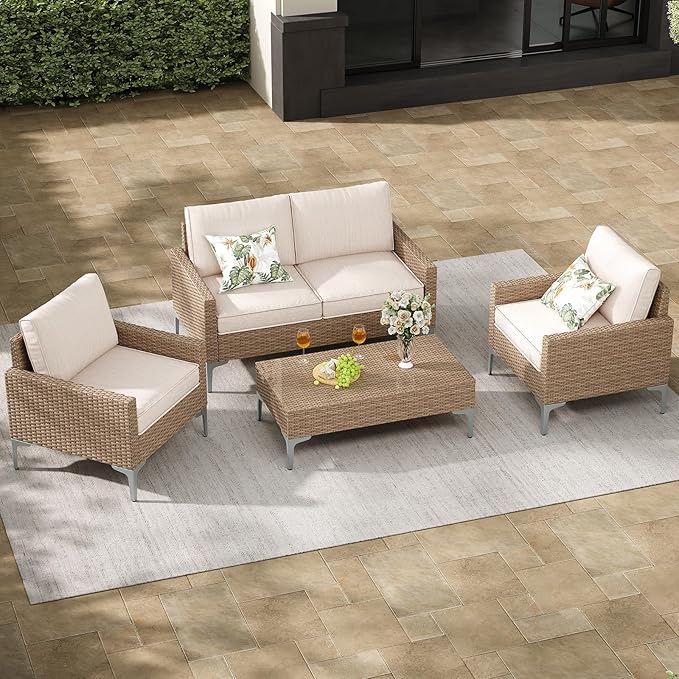 Jing's Villa 4-Piece Outdoor Sectional Sofa Set, All-Weather Wicker Patio by JingsVillaOutdoorFurniture