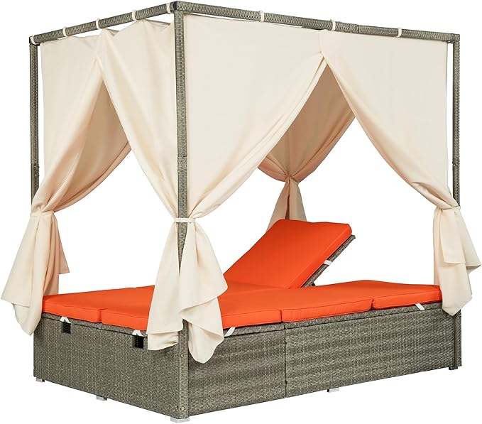 Patio Chaise Lounge, Four-sided Canopy, Overhead Curtain and Orange Cushion - Image 4