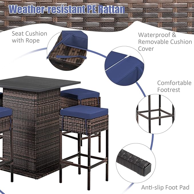Tangkula 5 Piece Outdoor Rattan Bar Set, Patio Bar Furniture - Image 7