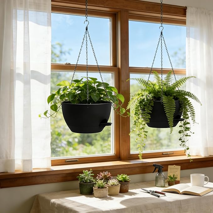 13 Inch 2 Pack Large Self Watering Hanging Planters - Image 9