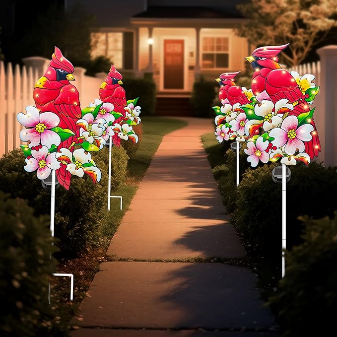 Hexagram Cardinal Garden Decor Yard Stakes, Lighted Metal Red Bird Garden - Image 3