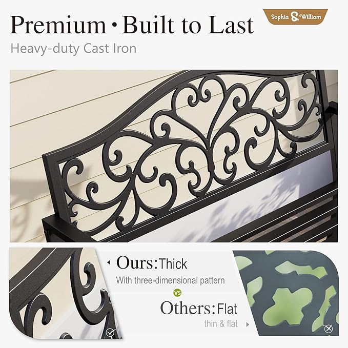 Sophia & William Outdoor Bench, Metal Garden Bench, Cast Iron Park Benches - Image 3