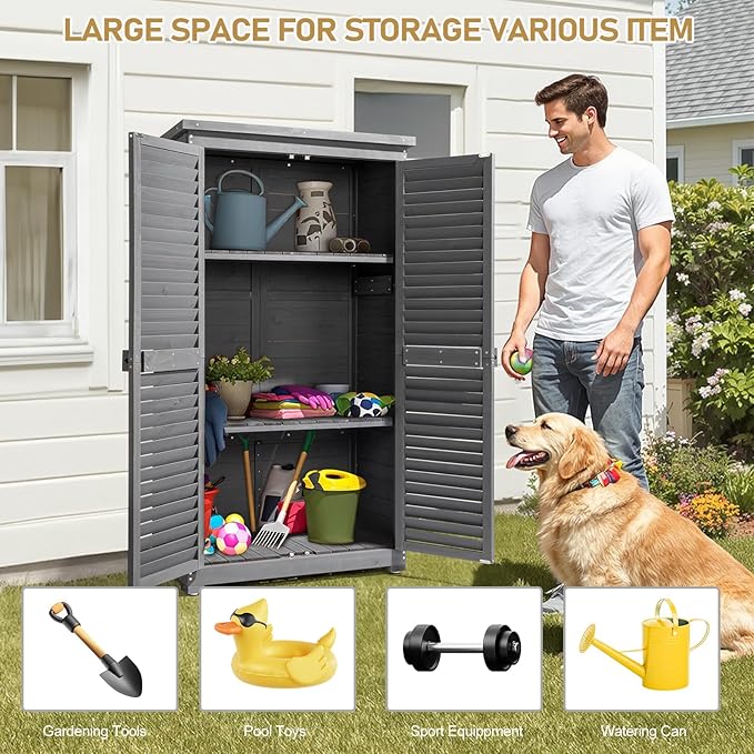 Outvita Outdoor Storage Cabinet, 63in Wooden Garden Tools Shed - Image 7
