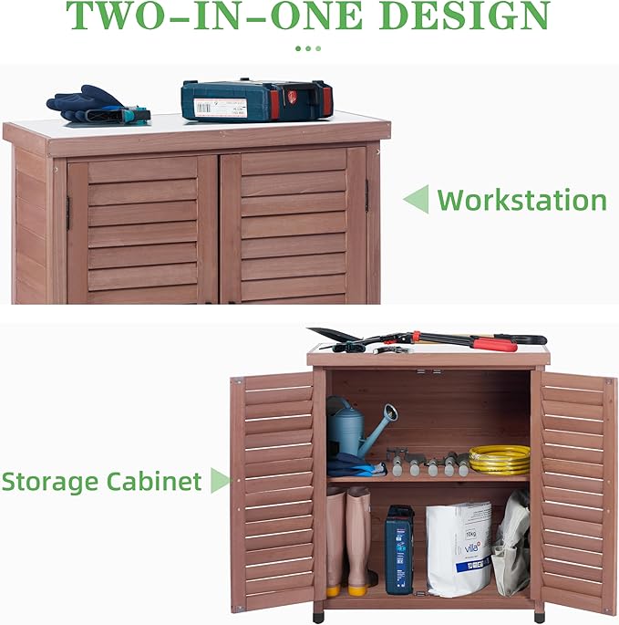 Outdoor Potting Bench with Storage Cabinet and Metal Top, Wood Workstation - Image 7