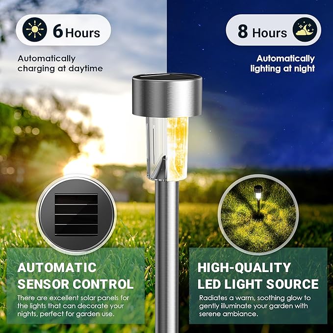 GIGALUMI Solar Lights Outdoor Waterproof, 12 Pack, Stainless Steel LED Solar - Image 5